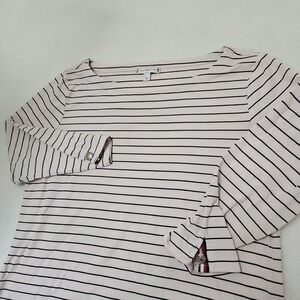 Tommy Hilfiger Women Pink w/ Black Stripes 3/4 Sleeve Top Boat Neck Button Cuffs